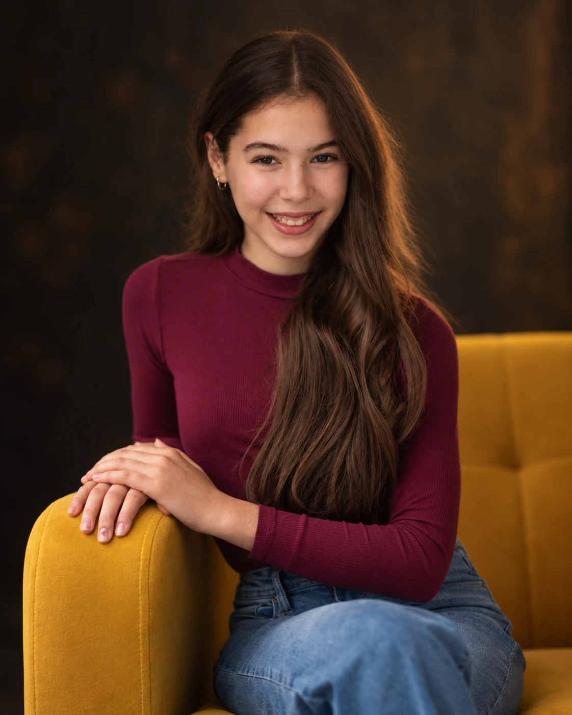 Samara seated on a yellow sofa
